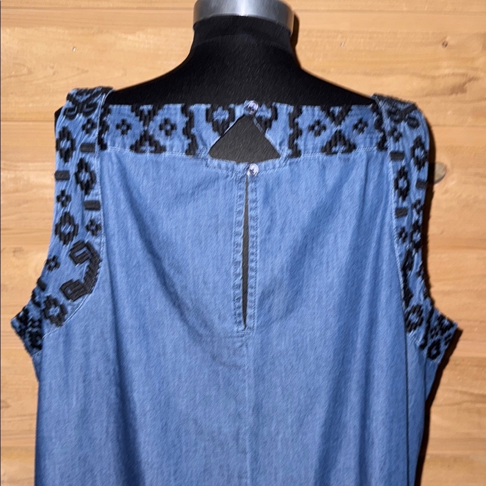Blue Chambray sleeveless shift dress Black embroidery XXL festival summer - Picture 2 of 10
